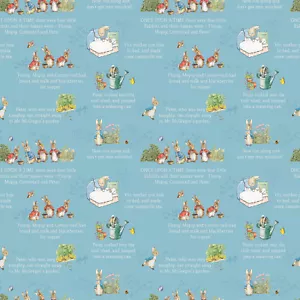The Tale of Peter Rabbit 44" Text In Blue or Coral Quilt Fabric - Picture 1 of 4
