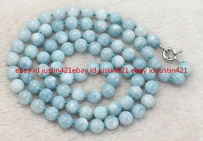 Natural 6/8/10/12mm Blue Aquamarine Round Gemstone Beads Necklace 16-36" AAA+ - Image 1 of 4