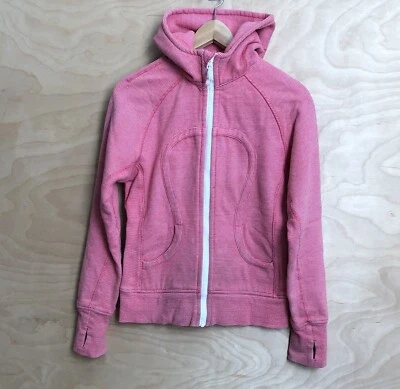 Acogedora chaqueta suéter con cremallera completa Lululemon para mujer talla 8 rosa coral con capucha agujeros para el pulgar. Foto 1 de 4