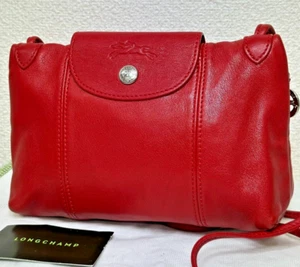 Longchamp le pliage Cuir Crossbody bag Shoulder bag Leather Red - Picture 1 of 13