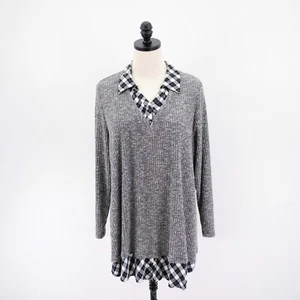 Catherines Gray Black Plaid Ribbed Sweater Over Button Front 1 Piece Top 1X - Picture 1 of 10