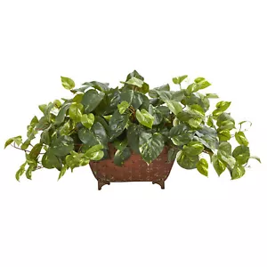 Pothos faux Plant In Metal Planter Realistic Natural Decor - Picture 1 of 2