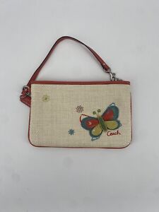 Coach Straw Patent Leather Butterfly Flowers Crystals Large Wristlet