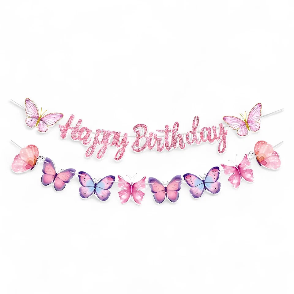 Pink Butterfly Happy Birthday Banner – Paper Party Garland - Image 1 of 1