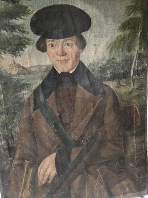 Antigua pintura al óleo colonial antigua primitiva vintage del siglo XVIII 1700 retrato de cazador Foto 1 de 4