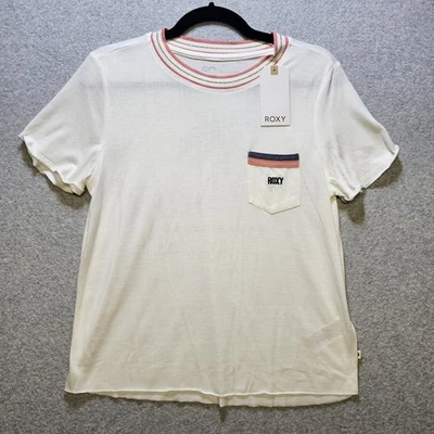 Camiseta Roxy Talla XS Playa Día Playa Reglas Crema Metálico Bolsillo Dobladillo Crudo Top NUEVA Foto 1 de 4