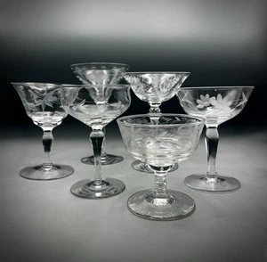 Vintage Mismatched Etched Cocktail Glasses Set Of 6 Vintage Stemware Barware - Picture 1 of 10