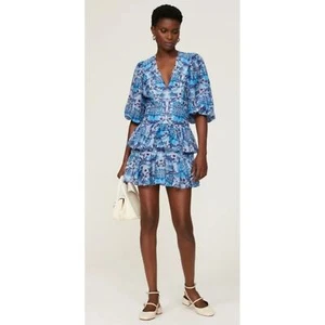 RTR taille 38 (6) Sandro bleu floral Yana mini manches bouffantes fatiguées imprimés boho mini - Photo 1 sur 9