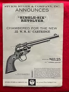 Pubblicità Ruger stampa vintage 1959 singolo sei revolver camerato per cartuccia WMR .22 - Foto 1 di 7