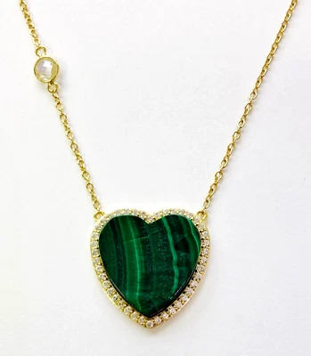 Collar HSN Rarezas Oro Amarillo Sobre Plata Esterlina Malaquita Verde Corazón 18" Foto 1 de 4