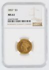 1857 Three Dollar Ngc Ms61 G$3 Indian Princess Head Philadelphia Mint