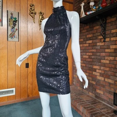 De Colección Años 80 Disco Glamour Gargantilla Espalda Corredora Lentejuelas Mini Cóctel Baile de graduación Fiesta Vestido XS/S Foto 1 de 4