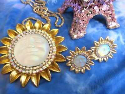INSPIRADO CARA LUNA GIRASOL ESTRÁS COLGANTE BROCHE Y ARETES NUEVOS Foto 1 de 4