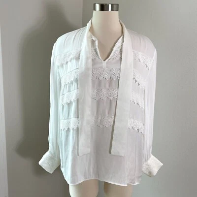 Maje 3 Womens Large Ivory Ruffle Blouse Tie Neck Long Sleeve Shirt Top - Image 1 of 4