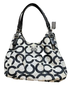 COACH Madison Op Art Shantung Maggie 17020 Silver & Black Shoulder Bag Purse - Picture 1 of 11