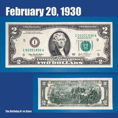 February 20, 1930 Birthday Anniversary $2 Two Dollar Bill Serial Number 02201930 - Image 1 of 2