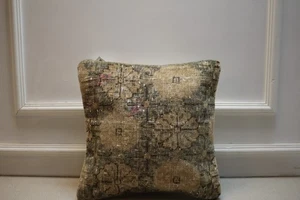Vintage Turkish Kilim Pillow Cover 16x16" Handmade Wool Cushion Beige Floral - Picture 1 of 6