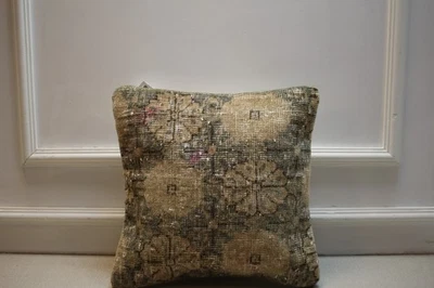 Vintage Turkish Kilim Pillow Cover 16x16" Handmade Wool Cushion Beige Floral - Image 1 of 4