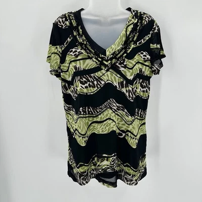 Top Dana Buchman Negro En Capas Malla Manga Corta Estampado Animal Mujer L Carrera Foto 1 de 4