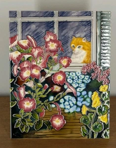 BENAYA Tile Art Plaque Flowers & Cat In Window 11" x 14" With Original Box  - Picture 1 of 8