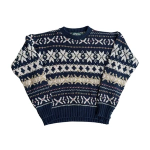 Vintage American Eagle Sweater Men Medium Blue Fair Isle Snowflake Knit Pullover - Picture 1 of 6