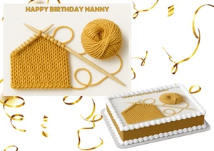 Gold wool knitting edible Cake topper icing or wafer Personalised a4 / a3 - Picture 1 of 2