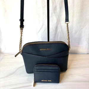 Michael Kors Jet Set Travel Medium Dome Crossbody Leder Navy & Geldbörse 2 tlg Set - Bild 1 von 20