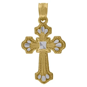 10kt Solid Two-Tone Gold Women's Men's Unisex Religious Pendant Cross Necklace - Picture 1 of 3