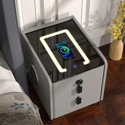 Modern Light Grey Nightstand w/ USB Wireless Charging Fingerprint Security Lock - Image 1 of 4