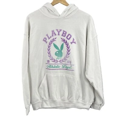 Playboy Hoodie White Logo Graphic Print Pullover Sweatshirt Womens Large - Image 1 of 4