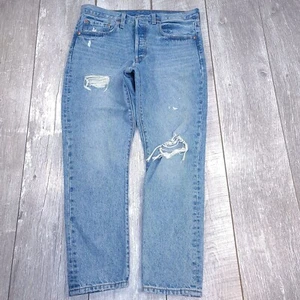 Pantalones de mezclilla Levis Premium para mujer 31 azules 501 ajustados Big E desgastados tiro alto - Imagen 1 de 10