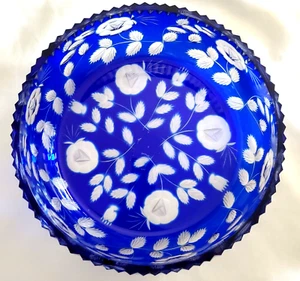 Cut Glass Cobalt Cut to Clear Bowl Leaves Flowers Triangles Lg. 9" x 4" Bohemian - Picture 1 of 10