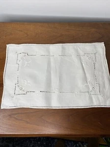 Vintage Elfenbein Stoffservietten Leinen bestickt Ösenborte Geschirrtuch Set 2 Tisch - Bild 1 von 6