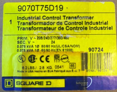 Transformador 9070T75D19 P:208/240/277/380/480, S:24 VAC, 75VA, 1 fase, NUEVO Foto 1 de 4