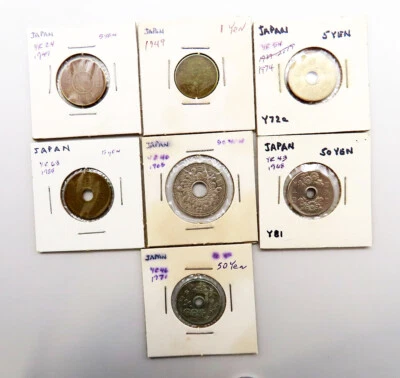 7 JAPANESE YEN COINS 1940s to 1988 1 YEN 5 YEN & 50 YEN - Image 1 of 2