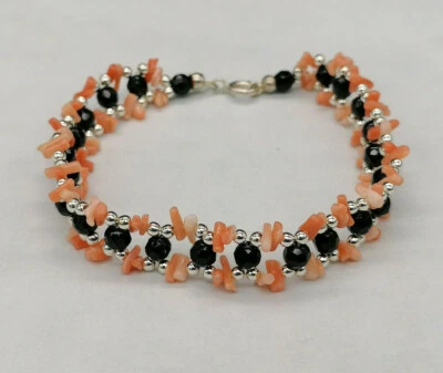 bracciale donna  vero corallo rosa onice nero naturale argento bianco - Immagine 1 di 4