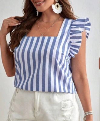 Plus Size Blue/White Striped Print Ruffle Trim Square Neck Boho Linen Blouse 4X - Image 1 of 4