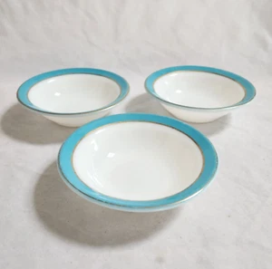 3 Pyrex Milchglas Müsli Obstschalen türkis blau Goldbandrand türkis, 5,5" - Bild 1 von 14