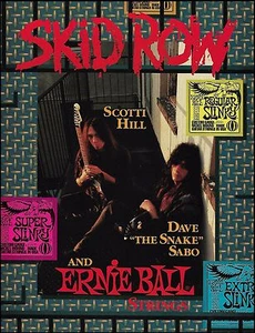 Cuerdas de guitarra Skid Row Scotti Hill Dave Snake Sabo 1991 Ernie Ball impresión de anuncio - Imagen 1 de 3