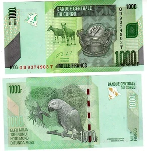 Kongo Afrika Banknote 1000 Francs 2020 P101 PAPAGEI NEU UNC - Bild 1 von 1