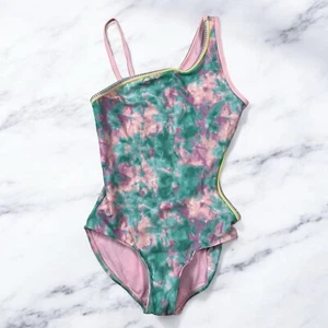 Xhilaration One Piece Swimsuit Size Large 10/12 Girls Green Pink Cut Out Tie Dye - Picture 1 of 5
