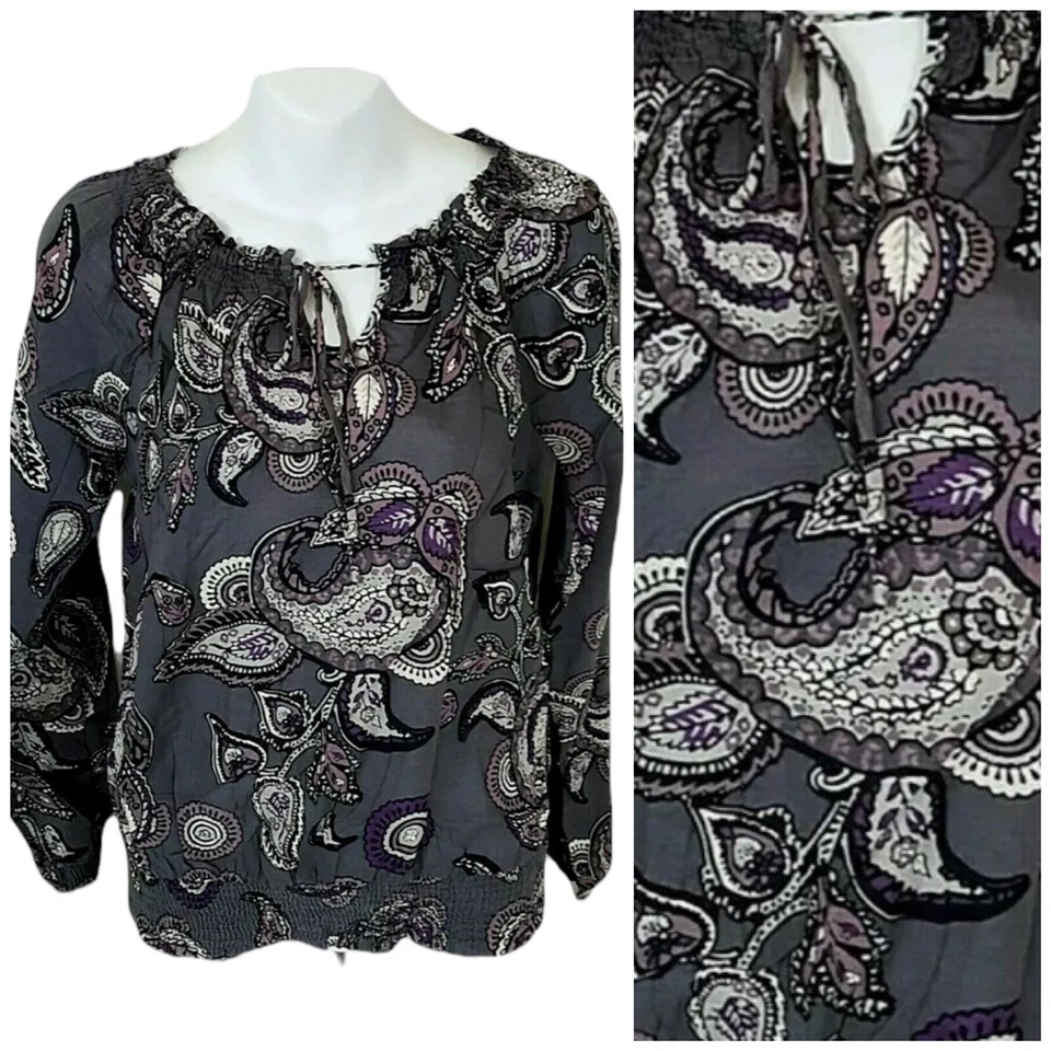 Merona Топ женщин маленький блузка серый пейсли хлопок крестьянин работы офиса карьеры - Изображение 1 из 4