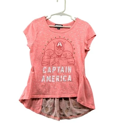 Camiseta Capitão América Marvel Meninas Tamanho 10/12 Rosa Manga Curta Alta Baixa - Imagem 1 de 4