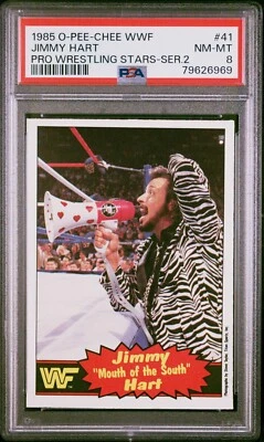 Tarjeta de lucha libre 1985 O-Pee-Chee Serie 2 WWF #41 Jimmy Hart PSA 8 Fundación WWE Foto 1 de 2