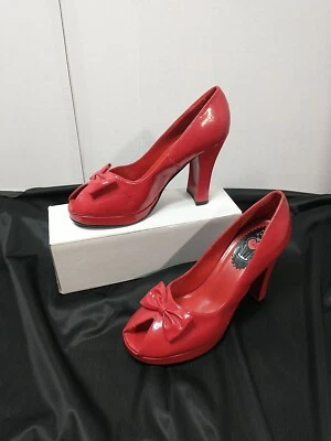 Zapatos para mujer Tuk rojos de imitación de cuero talla 11 punta abierta tacón grueso  Foto 1 de 4
