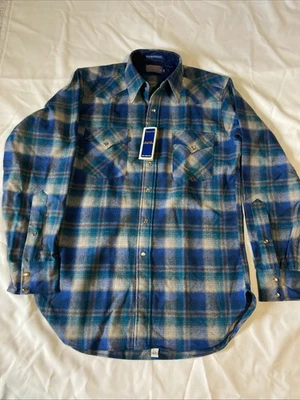 Pendleton High Grade Western Shirt Men's M Long Blue Plaid Pearl Snap Wool USA - Image 1 of 4