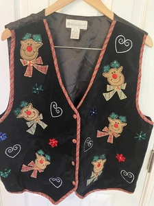 Vintage 90er Damen Kleid Scheune schwarz Samt Weste mit bunten Rentieren 16w - Bild 1 von 6