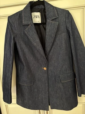Chaqueta Blazer Zara Mujer Denim Pequeña Azul Oscuro Lyocell Algodón Nueva Sin Etiquetas Foto 1 de 4