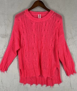 Anthropologie The Posey Stitchy Distressed Sweater Medium Neon Pink Oversized - Picture 1 of 16