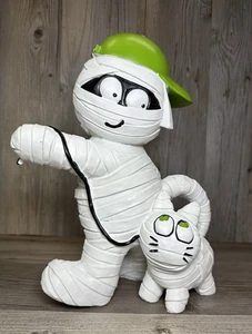 Mummy Boy With A Baseball Cap Walking His Mummy Cat Halloween Figurine - Picture 1 of 9